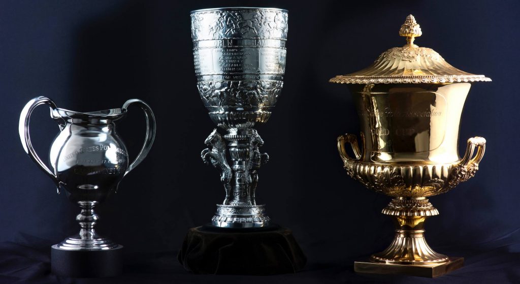 Taças das três competições que fazem parte do Gauntlet of Polo: C.V. Whitney Cup, USPA Gold Cup e US Open (crédito - divulgação Gauntlet of Polo)